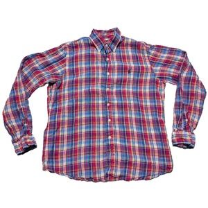 Polo Ralph Lauren Linen - Men Large Pink Red Blue Multi Plaid Shirt